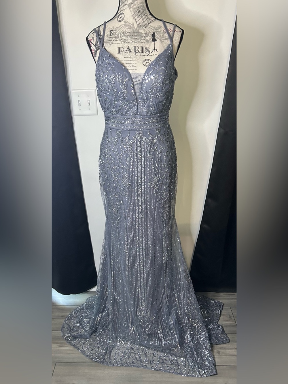 Elegant Periwinkle & Silver Sequined Prom Gown (10)